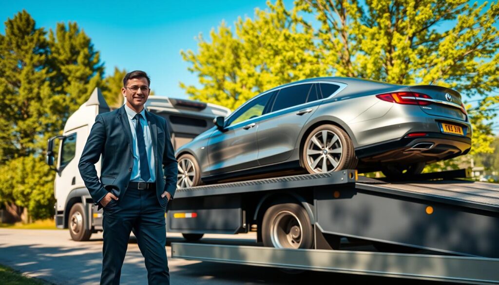 A car delivery scene set on a vibrant sunny day in Mancelona, Michigan. In the foreground, a professional delivery driver in smart business attire stands beside a sleek, shiny car on a transport truck, showcasing the vehicle's pristine condition. The middle ground features the truck, with the delivery driver loading the vehicle safely. In the background, lush green trees and a clear blue sky underline the peaceful ambiance of the area, symbolizing safety and commitment. Soft sunlight casts gentle shadows, enhancing the inviting atmosphere. The composition should emphasize safety and professionalism in vehicle delivery, with a focus on detail, clarity, and professionalism. Use a wide-angle lens to capture the entire scene with vivid colors and contrast. A car delivery scene set on a vibrant sunny day in Mancelona, Michigan. In the foreground, a professional delivery driver in smart business attire stands beside a sleek, shiny car on a transport truck, showcasing the vehicle's pristine condition. The middle ground features the truck, with the delivery driver loading the vehicle safely. In the background, lush green trees and a clear blue sky underline the peaceful ambiance of the area, symbolizing safety and commitment. Soft sunlight casts gentle shadows, enhancing the inviting atmosphere. The composition should emphasize safety and professionalism in vehicle delivery, with a focus on detail, clarity, and professionalism. Use a wide-angle lens to capture the entire scene with vivid colors and contrast.