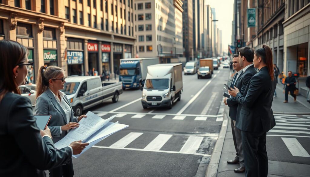 A city street scene focused on effective curb access planning for car shipping logistics. In the foreground, a diverse group of professionals in business attire discusses strategies, with blueprints and digital devices in hand. In the middle, various vehicles are parked and positioned strategically, showcasing accessible curb space for trucks and cars. The background features a busy urban environment with buildings, sidewalks, and traffic, illuminated by soft, natural daylight casting gentle shadows. Emphasize a collaborative atmosphere, highlighting the importance of navigation and effective access management in tight urban settings. Use a slightly elevated angle to capture both the planning meeting and the city context, ensuring a clear view of the urban logistics challenge. A city street scene focused on effective curb access planning for car shipping logistics. In the foreground, a diverse group of professionals in business attire discusses strategies, with blueprints and digital devices in hand. In the middle, various vehicles are parked and positioned strategically, showcasing accessible curb space for trucks and cars. The background features a busy urban environment with buildings, sidewalks, and traffic, illuminated by soft, natural daylight casting gentle shadows. Emphasize a collaborative atmosphere, highlighting the importance of navigation and effective access management in tight urban settings. Use a slightly elevated angle to capture both the planning meeting and the city context, ensuring a clear view of the urban logistics challenge.