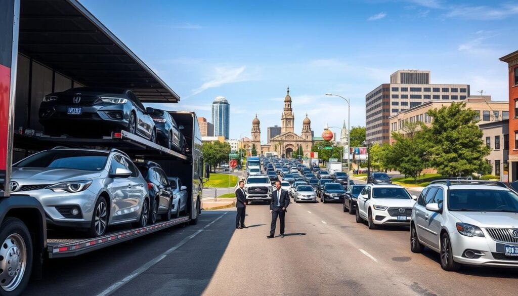 A cityscape of Rogers City, Michigan, featuring a busy auto transport scene in the foreground. Two sleek car transport trucks unloading vehicles onto a wide street, showcasing a variety of cars including sedans, SUVs, and trucks. The middle ground highlights an organized logistics hub, with professionals in smart business attire coordinating the loading and unloading processes. The background displays iconic local landmarks and greenery, with a clear blue sky and soft afternoon sunlight casting natural shadows. The perspective is slightly elevated, capturing the activity below while emphasizing the efficient flow of city-smart vehicle logistics. The overall mood is dynamic and organized, illustrating a modern approach to auto transport.