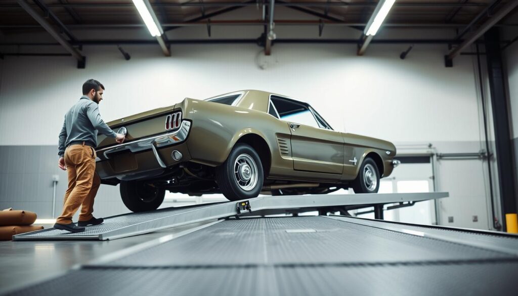 A classic non-running car, particularly a vintage 1960s Mustang, is being carefully loaded onto a flatbed truck by two professional transport workers in modest casual clothing. In the foreground, the workers are using a ramp to maneuver the car, showcasing the challenges involved in loading inoperable vehicles. The middle ground captures the flatbed truck with tie-down straps already in place, emphasizing safety measures during transport. The background features a well-lit warehouse setting, with overhead fluorescent lights casting a clean, bright atmosphere. The scene is shot from a low angle to create a sense of urgency and professionalism, with a slight depth of field to keep the focus on the workers and the car.