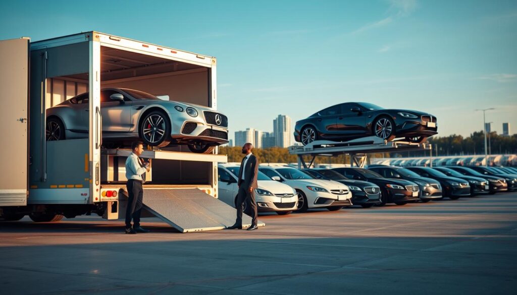 A clean, professional scene depicting a car shipping service in Auburn Hills, Michigan. In the foreground, showcase a shiny, well-maintained transport truck loading luxury cars with care. A diverse team of two workers, dressed in professional business attire, actively manage the process, emphasizing safety and efficiency. In the middle ground, include an array of neatly arranged, varied vehicles waiting for transport, highlighting the company's reliability. The background features a clear, blue sky above Auburn Hills, with a hint of the city skyline. Soft, natural lighting enhances the professionalism of the setting, providing a sense of trust and reliability. Capture this scene from a slightly elevated angle, aiming to convey a dynamic and efficient car transport environment.