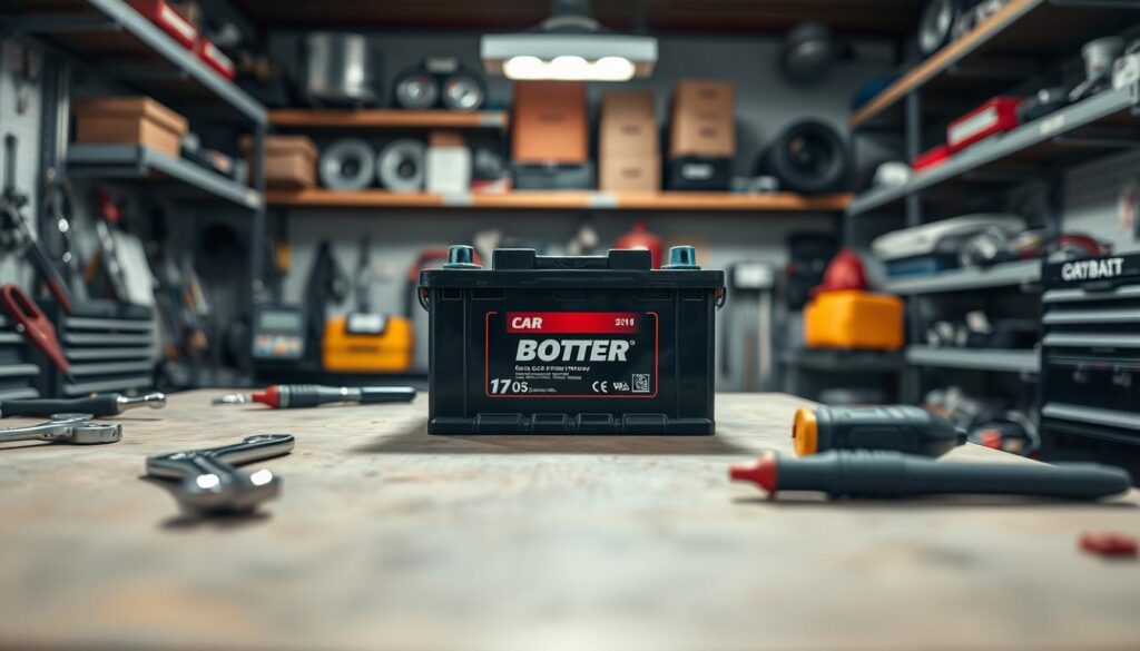 A close-up image of a car battery placed on a mechanic's workbench, showcasing its terminals and brand labels in sharp detail. The foreground features a clean, well-worn bench with tools like wrenches and multimeters slightly out of focus, suggesting a professional setting. In the middle, the battery should be prominently displayed, with its positive and negative terminals gleaming under a bright overhead light, casting subtle shadows. The background includes shelves with auto parts and equipment, slightly blurred to keep attention on the battery. The overall atmosphere is technical and serious, evoking a sense of realism and professionalism, suitable for automotive diagnostics and maintenance scenarios. A close-up image of a car battery placed on a mechanic's workbench, showcasing its terminals and brand labels in sharp detail. The foreground features a clean, well-worn bench with tools like wrenches and multimeters slightly out of focus, suggesting a professional setting. In the middle, the battery should be prominently displayed, with its positive and negative terminals gleaming under a bright overhead light, casting subtle shadows. The background includes shelves with auto parts and equipment, slightly blurred to keep attention on the battery. The overall atmosphere is technical and serious, evoking a sense of realism and professionalism, suitable for automotive diagnostics and maintenance scenarios.