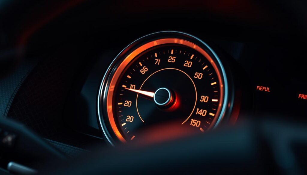 A close-up image of a car's temperature gauge, prominently featuring a round dial with a needle indicating a high temperature, surrounded by a sleek chrome bezel. The gauge face is marked with clear temperature readings in both Celsius and Fahrenheit, illuminated by soft backlighting for enhanced visibility. In the foreground, subtle reflections of light add depth, while the middle ground showcases the gauge's mounting within the dashboard, complete with textured surfaces and surrounding vehicle controls. The background fades softly to dark, suggesting the interior of a modern vehicle, with a warm, focused lighting that evokes a sense of professionalism and attention to detail. The overall atmosphere is technical and precise, ideal for understanding the critical function of the temperature gauge in vehicle diagnostics.
