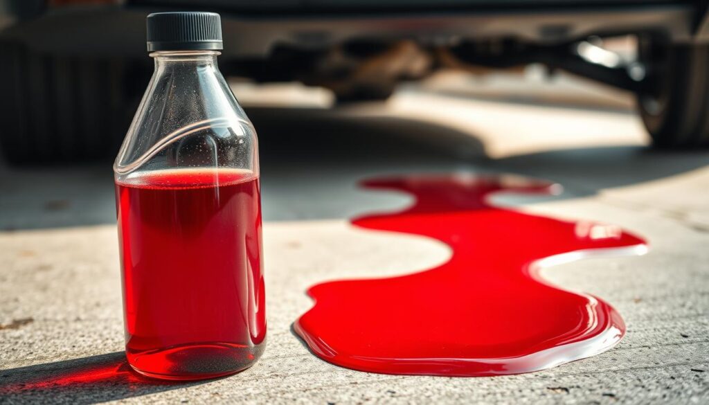 A close-up image of a clear, vibrant bottle of power steering fluid, prominently displaying its rich, deep red color. The bottle should be positioned in the foreground, with a sleek, modern design and a slightly transparent label showcasing the contents. In the middle ground, a spilled puddle of power steering fluid glistens under natural sunlight, indicating a fluid leak on a concrete surface. In the background, subtle hints of a car's undercarriage can be blurred, focusing on the dramatic contrast between the red fluid and the dull gray concrete. The atmosphere is clean and informative, with soft yet bright lighting that elevates the color of the fluid, suggesting clarity and precision. The angle should be slightly tilted, emphasizing the fluid's vibrant hue while maintaining a professional look.