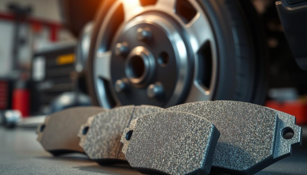 A close-up image of a set of brake pads, prominently displayed in the foreground, showcasing their textured surface and metallic backing. The pads should appear new, with a slight sheen reflecting overhead artificial lighting that illuminates the details and nuances of the material. In the middle ground, a blurred view of a vehicle's wheel can be seen, emphasizing the context of the brake components. The background should be softly focused, depicting a workshop environment with tools and car parts subtly hinted at, creating an atmosphere of professionalism and precision. Use a shallow depth of field to highlight the brake pads sharply while maintaining an inviting ambiance, ensuring the image conveys the importance of brake maintenance and functionality.