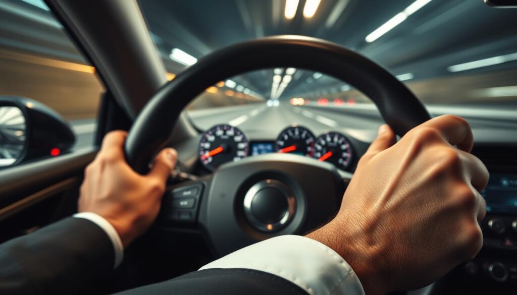 A close-up image of a vibrating steering wheel, capturing the dynamic motion to illustrate brake vibration effects at high speeds. In the foreground, focus on the textured leather surface of the steering wheel, with subtle motion blur to emphasize vibration. Show hands gripping the wheel firmly, dressed in professional business attire. The middle ground features a blurred dashboard with instrument gauges flickering, hinting at speed and tension. In the background, a blurred view of a high-speed roadway, with streaks of light, captures the sensation of rapid movement. Use dramatic, high-contrast lighting to enhance texture and depth, creating a tense atmosphere that conveys the importance of brake performance. The angle should be slightly tilted, suggesting action and urgency, while maintaining clarity on the steering wheel and driver’s hands. A close-up image of a vibrating steering wheel, capturing the dynamic motion to illustrate brake vibration effects at high speeds. In the foreground, focus on the textured leather surface of the steering wheel, with subtle motion blur to emphasize vibration. Show hands gripping the wheel firmly, dressed in professional business attire. The middle ground features a blurred dashboard with instrument gauges flickering, hinting at speed and tension. In the background, a blurred view of a high-speed roadway, with streaks of light, captures the sensation of rapid movement. Use dramatic, high-contrast lighting to enhance texture and depth, creating a tense atmosphere that conveys the importance of brake performance. The angle should be slightly tilted, suggesting action and urgency, while maintaining clarity on the steering wheel and driver’s hands.