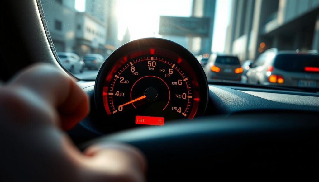 A close-up of a car's engine temperature gauge prominently displayed on the dashboard, indicating a high temperature. The gauge features a bold red needle pointing towards the "H" mark, with a crisp, detailed design showcasing various warning lights illuminating around it. In the foreground, a blurred hand adjusts the air conditioning controls, emphasizing a sense of urgency. The middle ground reveals a city traffic scene outside the car windows, capturing the stress of stop-and-go traffic with soft, diffused sunlight cutting through the glass. The background subtly hints at a congested road with other vehicles, creating a feeling of heat and frustration. The color palette should lean towards warm tones, evoking a tense atmosphere indicative of a car overheating situation. The scene is lit with natural light, enhancing the realism and urgency.