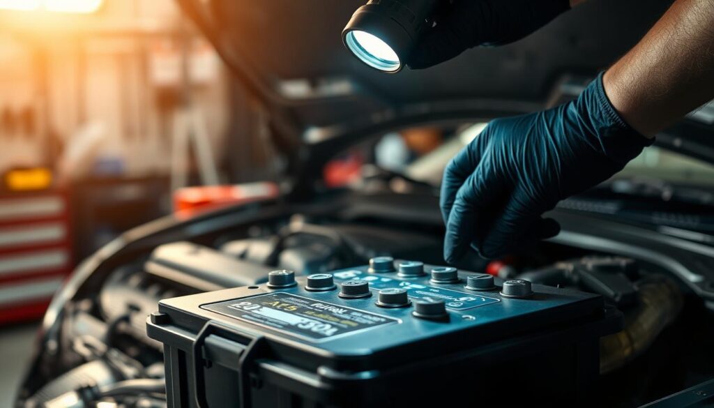 A close-up shot of a car battery in the foreground, with a mechanic’s hands wearing black gloves inspecting the connections. The battery is prominently displayed, showing labels and terminals clearly, while a flashlight illuminates it from above, creating soft shadows for depth. In the middle ground, a partially open hood of a car reveals other engine components, adding context. The background showcases a blurred garage setting with tools and a workbench, enhanced by warm, natural lighting filtering in. The mood is focused and professional, emphasizing the importance of a thorough inspection in a serene, well-organized workspace. A close-up shot of a car battery in the foreground, with a mechanic’s hands wearing black gloves inspecting the connections. The battery is prominently displayed, showing labels and terminals clearly, while a flashlight illuminates it from above, creating soft shadows for depth. In the middle ground, a partially open hood of a car reveals other engine components, adding context. The background showcases a blurred garage setting with tools and a workbench, enhanced by warm, natural lighting filtering in. The mood is focused and professional, emphasizing the importance of a thorough inspection in a serene, well-organized workspace.