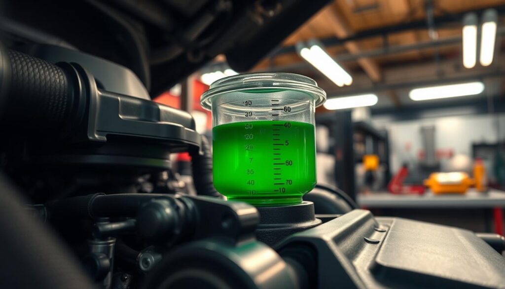 A close-up shot of an engine coolant reservoir, prominently displaying its transparent container filled with bright green coolant. The focus is on the coolant level indicator, showcasing the clear markings. In the foreground, detailed textures of the engine components can be discerned, emphasizing the mechanical elements surrounding the reservoir. The middle ground features a faintly blurred mechanic’s tools and a workbench for context. The background shows a well-lit garage environment, with overhead lights casting a warm glow that reflects off the metal surfaces. The overall atmosphere is industrial yet orderly, conveying the importance of maintenance and monitoring. Use a slightly tilted angle to add dynamic perspective while maintaining clarity on the coolant level.