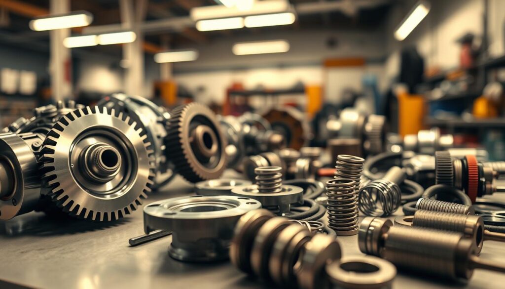 A close-up shot of intricate transmission components laid out on a clean workbench, showcasing gears, clutches, and hydraulic assemblies. The foreground features a polished gear mechanism reflecting ambient light, while in the middle ground, various metallic parts, like metal springs and seals, are organized neatly, each highlighting its texture and detail. In the background, an out-of-focus automotive workshop is illuminated by soft, warm lighting, creating a professional atmosphere. The camera angle is slightly tilted to emphasize the complexity of the components, and the depth of field is shallow, drawing attention to the foreground details. The overall mood is technical and informative, suitable for understanding the mechanical aspects of automotive transmissions.