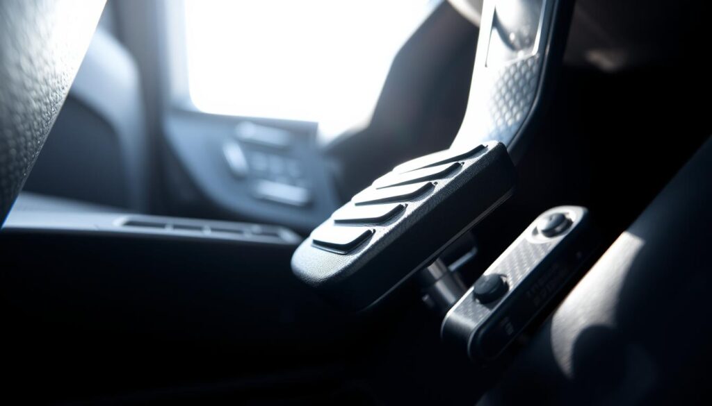 A close-up view of a brake pedal in a car interior, focusing on the pedal's texture and mechanisms. The pedal is slightly pressed down, showcasing its softness and responsiveness, set against a blurred background of the car's floor mat and dashboard. Bright, natural lighting filters in through the car windows, enhancing the details of the rubber surface and the metallic components. The angle is slightly tilted to highlight the depth and perspective of the pedal, creating an engaging visual. The overall mood is technical and informative, suitable for a maintenance inspection context, with an emphasis on clarity and visibility of the brake pedal's features. A close-up view of a brake pedal in a car interior, focusing on the pedal's texture and mechanisms. The pedal is slightly pressed down, showcasing its softness and responsiveness, set against a blurred background of the car's floor mat and dashboard. Bright, natural lighting filters in through the car windows, enhancing the details of the rubber surface and the metallic components. The angle is slightly tilted to highlight the depth and perspective of the pedal, creating an engaging visual. The overall mood is technical and informative, suitable for a maintenance inspection context, with an emphasis on clarity and visibility of the brake pedal's features.