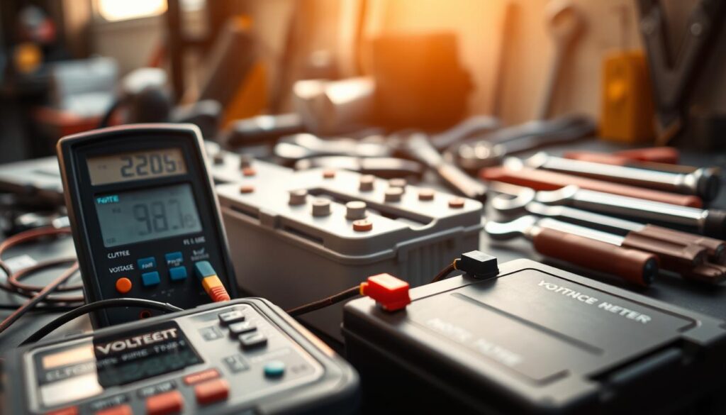 A close-up view of a car battery and diagnostics equipment laid out on a workbench. In the foreground, focus on a multimeter displaying readings related to voltage and amperage, with probes connected to the battery terminals. In the middle, the car's battery is open, revealing its clean terminals and connectors, with electrolyte levels visible. In the background, softly blurred tools like wrenches and screwdrivers enhance the automotive workshop setting, illuminated by warm, natural light streaming from a window, creating a calm and focused atmosphere. The overall mood conveys attention to detail and professionalism, suitable for an electrical diagnostics scenario in an auto repair context.