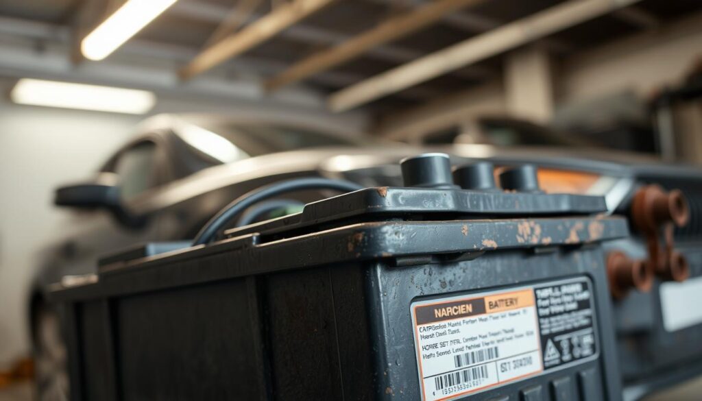 A close-up view of a car battery in a well-lit garage environment, showcasing intricate details such as the labels, terminals, and cables. The battery is positioned slightly off-center to highlight its rugged texture and wear from inactivity, with a faint sheen reflecting the overhead fluorescent lights. In the background, a blurry silhouette of a car with a hint of rust, indicating it has been stationary for a while, gives context to the scene. The mood is slightly tense but informative, aimed at conveying the idea of an unresolved issue. The composition is shot with a shallow depth of field to keep attention on the battery while subtly suggesting the car's potential problems. The colors are neutral but with a hint of warmth to create a welcoming atmosphere. A close-up view of a car battery in a well-lit garage environment, showcasing intricate details such as the labels, terminals, and cables. The battery is positioned slightly off-center to highlight its rugged texture and wear from inactivity, with a faint sheen reflecting the overhead fluorescent lights. In the background, a blurry silhouette of a car with a hint of rust, indicating it has been stationary for a while, gives context to the scene. The mood is slightly tense but informative, aimed at conveying the idea of an unresolved issue. The composition is shot with a shallow depth of field to keep attention on the battery while subtly suggesting the car's potential problems. The colors are neutral but with a hint of warmth to create a welcoming atmosphere.