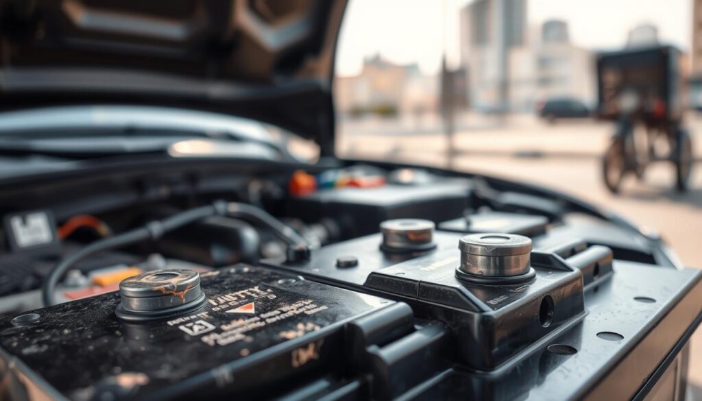 A close-up view of a car battery showing its terminals and health indicators, symbolizing battery health. In the foreground, the battery is prominently displayed with clear details of corrosion around the terminals. The middle ground features a partially open hood of a car, revealing electromechanical components, conveying a sense of technicality. The background shows a blurred urban environment, suggesting the car's location after a long drive. The lighting is bright and natural, highlighting the battery's features with a soft focus effect, creating an atmosphere of concern and urgency. Capture this scene with a slightly angled perspective, focusing on the battery to emphasize its importance in electrical starting failures, evoking a mood of inquiry and troubleshooting.