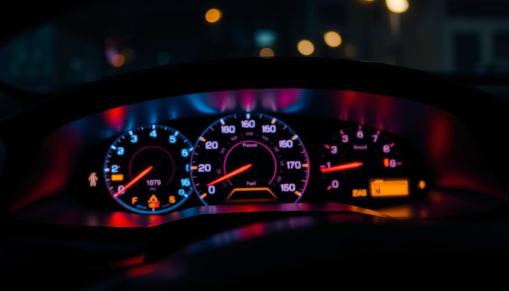A close-up view of a car dashboard featuring illuminated dashboard lights, showcasing various indicators such as a battery light, warning lights, and engine status icons. The dashboard is sleek, modern, with a black and silver color scheme, illuminated in a cool blue and red glow to create a diagnostic atmosphere. Reflections on the dashboard glass add depth and intrigue. The background is slightly blurred to draw attention to the dashboard, simulating a nighttime environment with a soft, ambient light coming from the vehicle's interior. The overall mood is tense yet focused, emphasizing a critical moment of assessment for vehicle diagnostics. No text or additional elements are present, solely the dashboard lights' glow. A close-up view of a car dashboard featuring illuminated dashboard lights, showcasing various indicators such as a battery light, warning lights, and engine status icons. The dashboard is sleek, modern, with a black and silver color scheme, illuminated in a cool blue and red glow to create a diagnostic atmosphere. Reflections on the dashboard glass add depth and intrigue. The background is slightly blurred to draw attention to the dashboard, simulating a nighttime environment with a soft, ambient light coming from the vehicle's interior. The overall mood is tense yet focused, emphasizing a critical moment of assessment for vehicle diagnostics. No text or additional elements are present, solely the dashboard lights' glow.