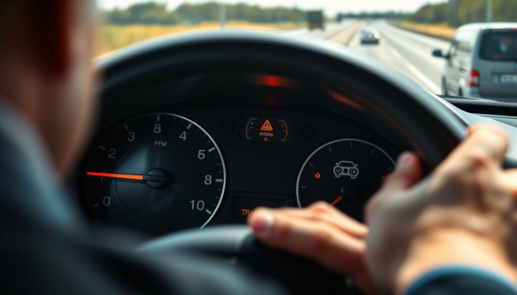 A close-up view of a car dashboard while driving, focusing on a slightly blurred speedometer and tachometer, highlighting the needle fluctuating erratically to signify a slipping transmission. In the foreground, a concerned driver in professional business attire checks the dashboard, displaying expressions of frustration and worry. The middle layer features warning lights illuminated on the dashboard, including a transmission symbol. In the background, a blurred view of a highway with other vehicles moving normally contrasts the driver’s experience. The lighting is natural, emulating a sunny day, with soft focus effects to create a sense of urgency and concern in the atmosphere. A close-up view of a car dashboard while driving, focusing on a slightly blurred speedometer and tachometer, highlighting the needle fluctuating erratically to signify a slipping transmission. In the foreground, a concerned driver in professional business attire checks the dashboard, displaying expressions of frustration and worry. The middle layer features warning lights illuminated on the dashboard, including a transmission symbol. In the background, a blurred view of a highway with other vehicles moving normally contrasts the driver’s experience. The lighting is natural, emulating a sunny day, with soft focus effects to create a sense of urgency and concern in the atmosphere.
