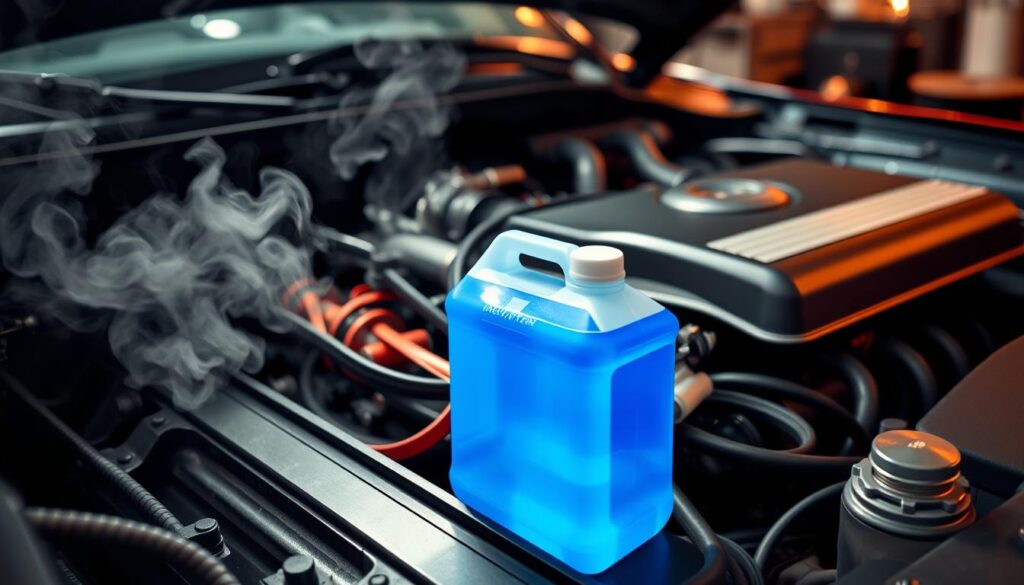 A close-up view of a car engine bay showcasing an overheating engine with steam rising from it. The engine should have vibrant, detailed components like hoses, belts, and a well-maintained radiator, prominently positioned in the foreground. In the middle ground, include a filled coolant reservoir with bright blue coolant, visually contradicting the engine's overheating condition. In the background, create a softly blurred garage environment, with dim, ambient lighting enhancing the scene's tension. The angle should be slightly tilted to emphasize the struggle between the engine's heat and the full coolant. The overall mood is one of confusion and intrigue, reflecting the article's subject of unexpected engine overheating causes. A close-up view of a car engine bay showcasing an overheating engine with steam rising from it. The engine should have vibrant, detailed components like hoses, belts, and a well-maintained radiator, prominently positioned in the foreground. In the middle ground, include a filled coolant reservoir with bright blue coolant, visually contradicting the engine's overheating condition. In the background, create a softly blurred garage environment, with dim, ambient lighting enhancing the scene's tension. The angle should be slightly tilted to emphasize the struggle between the engine's heat and the full coolant. The overall mood is one of confusion and intrigue, reflecting the article's subject of unexpected engine overheating causes.