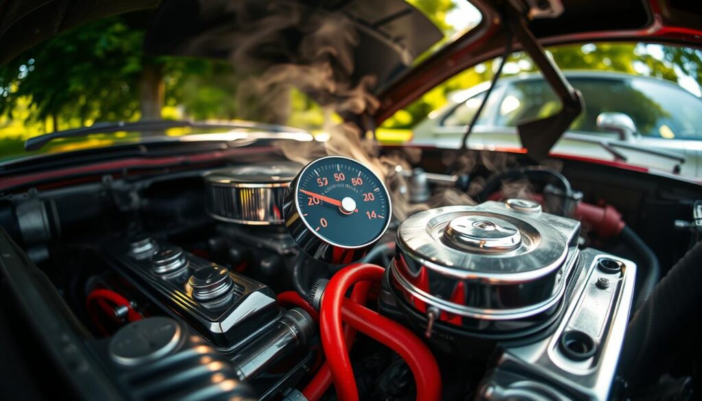 A close-up view of a car engine compartment sizzling with heat, showcasing steam rising from various parts, particularly around the radiator and hoses. The foreground focuses on a shiny, chrome engine block with vivid red coolant hoses, surrounded by darkened metal components. In the middle, a close shot of a thermometer gauge peeking at a high temperature, with bright red numbers, implying overheating. The background consists of blurred greenery suggesting the vehicle is parked in a suburban area, with sunlight filtering through trees casting dappled light on the engine. The image should have a warm, intense atmosphere, highlighting the severity of the situation, captured with a slight fish-eye lens effect for dramatic emphasis. A close-up view of a car engine compartment sizzling with heat, showcasing steam rising from various parts, particularly around the radiator and hoses. The foreground focuses on a shiny, chrome engine block with vivid red coolant hoses, surrounded by darkened metal components. In the middle, a close shot of a thermometer gauge peeking at a high temperature, with bright red numbers, implying overheating. The background consists of blurred greenery suggesting the vehicle is parked in a suburban area, with sunlight filtering through trees casting dappled light on the engine. The image should have a warm, intense atmosphere, highlighting the severity of the situation, captured with a slight fish-eye lens effect for dramatic emphasis.