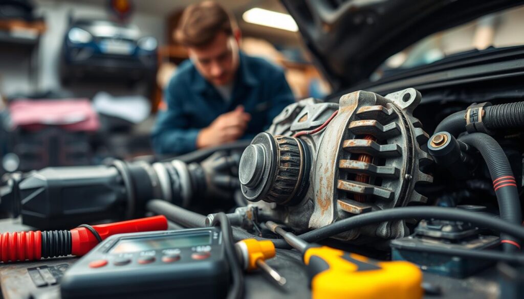 A close-up view of a car engine with a focus on the alternator, showcasing signs of wear like frayed wires and corrosion. In the foreground, tools like a multimeter and screwdriver are neatly arranged on a workbench, hinting at diagnostics. The middle ground features a mechanic in professional attire examining the alternator closely, highlighting the importance of proper inspection. The background is slightly blurred, showing a cluttered garage space with soft, warm lighting to create an inviting and practical atmosphere. The angle is slightly tilted to add dynamism, emphasizing the mechanical details of the engine components. The overall mood is one of focused determination, illustrating the troubleshooting process in automotive repair. A close-up view of a car engine with a focus on the alternator, showcasing signs of wear like frayed wires and corrosion. In the foreground, tools like a multimeter and screwdriver are neatly arranged on a workbench, hinting at diagnostics. The middle ground features a mechanic in professional attire examining the alternator closely, highlighting the importance of proper inspection. The background is slightly blurred, showing a cluttered garage space with soft, warm lighting to create an inviting and practical atmosphere. The angle is slightly tilted to add dynamism, emphasizing the mechanical details of the engine components. The overall mood is one of focused determination, illustrating the troubleshooting process in automotive repair.