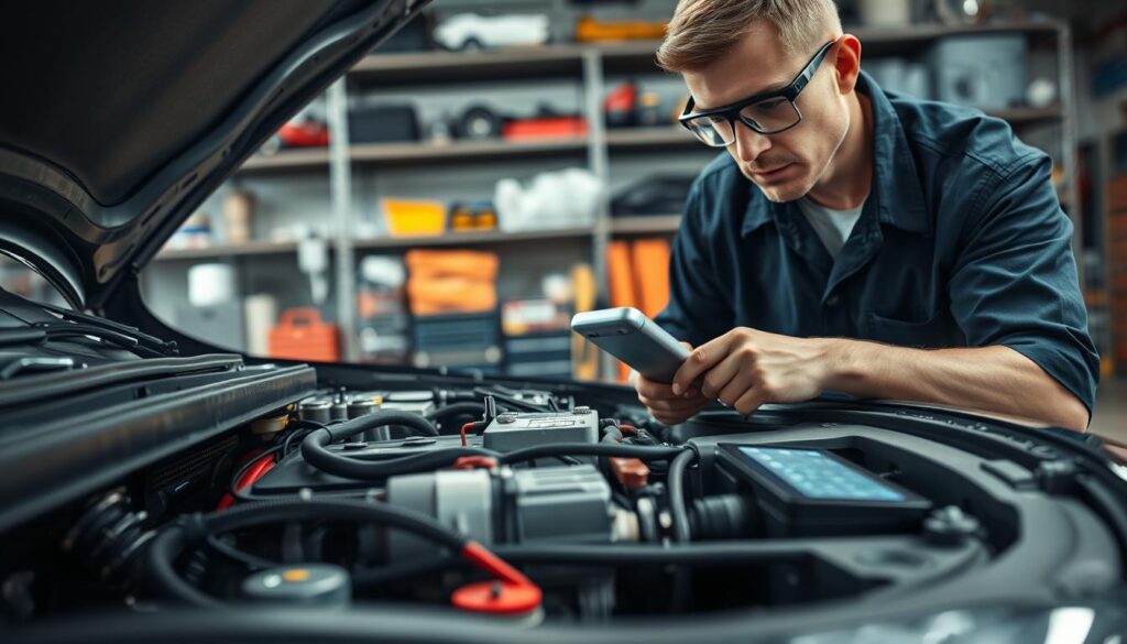 A close-up view of a car engine with a mechanic inspecting it in a well-lit garage, showcasing the intricate components such as wires, battery, and starter motor. The mechanic, wearing a dark blue work shirt and safety goggles, is focused intently on troubleshooting the issue. Nearby, a diagnostic tool glows softly, adding a hint of modern technology. In the background, blurred shelves filled with tools and automotive parts provide context without distraction. The overall mood is one of concentration and professionalism, with warm lighting illuminating the scene, emphasizing the mechanics of a car starting and the potential causes of failure. The angle should capture the depth of the engine bay and highlight the mechanic's thoughtful examination. A close-up view of a car engine with a mechanic inspecting it in a well-lit garage, showcasing the intricate components such as wires, battery, and starter motor. The mechanic, wearing a dark blue work shirt and safety goggles, is focused intently on troubleshooting the issue. Nearby, a diagnostic tool glows softly, adding a hint of modern technology. In the background, blurred shelves filled with tools and automotive parts provide context without distraction. The overall mood is one of concentration and professionalism, with warm lighting illuminating the scene, emphasizing the mechanics of a car starting and the potential causes of failure. The angle should capture the depth of the engine bay and highlight the mechanic's thoughtful examination.