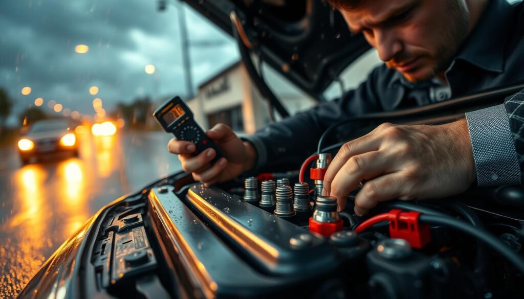 A close-up view of a car engine with visible moisture droplets, highlighting electrical components like spark plugs and battery terminals affected by humidity. The scene captures a technician in professional attire carefully inspecting the engine, showcasing their focused expression while using a multimeter. In the background, a rain-soaked road and dark clouds contrast with the warm glow of garage lights, creating an atmosphere of urgency and concern. The image should embody the tension of car starting issues due to moisture, utilizing soft focus on the background while keeping the foreground sharp and detailed. Aim for a realistic photo-like quality with dynamic lighting to emphasize the seriousness of the situation. A close-up view of a car engine with visible moisture droplets, highlighting electrical components like spark plugs and battery terminals affected by humidity. The scene captures a technician in professional attire carefully inspecting the engine, showcasing their focused expression while using a multimeter. In the background, a rain-soaked road and dark clouds contrast with the warm glow of garage lights, creating an atmosphere of urgency and concern. The image should embody the tension of car starting issues due to moisture, utilizing soft focus on the background while keeping the foreground sharp and detailed. Aim for a realistic photo-like quality with dynamic lighting to emphasize the seriousness of the situation.