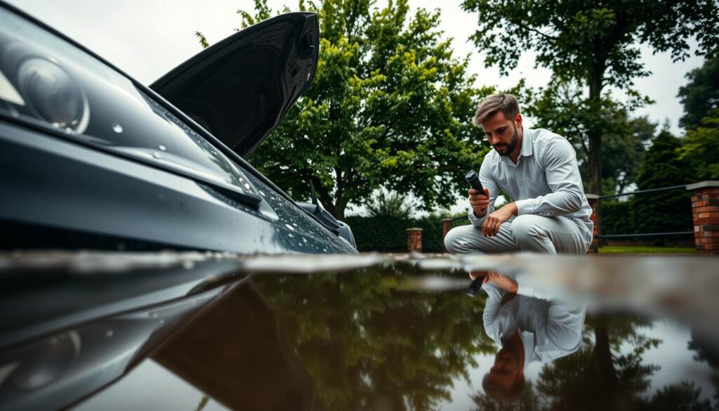 A close-up view of a car parked in a driveway, showing the engine hood slightly ajar and visible rain droplets on the windshield. The foreground features a puddle reflecting the car, emphasizing the recent rain. In the middle ground, a mechanic is kneeling next to the car, wearing a clean, professional uniform, inspecting the engine with a flashlight, highlighting his focused expression of concern. The background includes lush green trees, glistening with moisture, and a cloudy sky indicating lingering humidity. Soft, diffused natural light creates a somber, contemplative mood, emphasizing the common frustration of a car that won't start after rain. The composition captures the urgency of the situation without distractions. A close-up view of a car parked in a driveway, showing the engine hood slightly ajar and visible rain droplets on the windshield. The foreground features a puddle reflecting the car, emphasizing the recent rain. In the middle ground, a mechanic is kneeling next to the car, wearing a clean, professional uniform, inspecting the engine with a flashlight, highlighting his focused expression of concern. The background includes lush green trees, glistening with moisture, and a cloudy sky indicating lingering humidity. Soft, diffused natural light creates a somber, contemplative mood, emphasizing the common frustration of a car that won't start after rain. The composition captures the urgency of the situation without distractions.