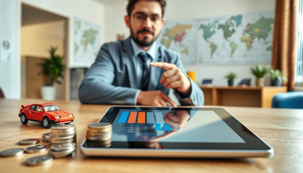 A close-up view of a car shipping cost breakdown displayed on a sleek digital tablet placed on a wooden table. In the foreground, coins and a small model car symbolize the associated expenses, while a bar graph on the tablet screen shows varying shipping rates. In the middle ground, a person in business casual attire analyzes the data, pointing to key figures with a thoughtful expression. The background features a well-organized auto transport office with maps and shipping routes on the walls, creating a professional atmosphere. Soft, natural lighting from a nearby window illuminates the scene, emphasizing clarity and focus on the tablet's screen. The overall mood is informative and analytical, reflecting a sense of understanding and awareness regarding car shipping costs.