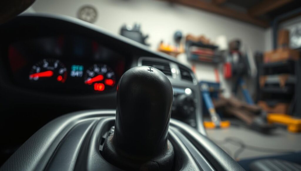 A close-up view of a car's automatic transmission gear shift, set in a well-lit garage environment. The foreground features the gear shift in focus, with visible wear and tear, illustrating the concept of "slipping." The middle ground includes slightly blurred details of a dashboard showing warning lights, hinting at potential issues. The background is softly illuminated, suggesting a mechanic's workspace with tools and parts, creating a sense of urgency and concern. Soft, ambient lighting casts a subtle shadow, enhancing the mood of unease. The perspective should be at eye level for a relatable, immersive view. This setup visually conveys the idea of transmission slipping and the associated risks without any text or distracting elements.