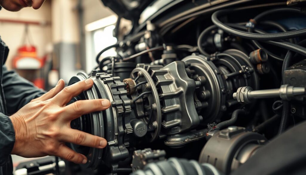 A close-up view of a car’s automatic transmission system, showcasing the intricate components such as gears, wires, and fluid pathways. The foreground features a mechanic's hands in professional attire examining the transmission, tools neatly arranged nearby. In the middle, highlight areas where the transmission is visibly struggling, with subtle signs of wear and tear, such as slight leaks or worn gears. The background displays a well-lit garage environment, with soft, natural lighting filtering through a window, casting a warm glow on the scene. The mood is focused and technical, emphasizing the seriousness of diagnosing transmission issues. Use a shallow depth of field to create a sense of intimacy with the subject while keeping the mechanic and important components in sharp focus. A close-up view of a car’s automatic transmission system, showcasing the intricate components such as gears, wires, and fluid pathways. The foreground features a mechanic's hands in professional attire examining the transmission, tools neatly arranged nearby. In the middle, highlight areas where the transmission is visibly struggling, with subtle signs of wear and tear, such as slight leaks or worn gears. The background displays a well-lit garage environment, with soft, natural lighting filtering through a window, casting a warm glow on the scene. The mood is focused and technical, emphasizing the seriousness of diagnosing transmission issues. Use a shallow depth of field to create a sense of intimacy with the subject while keeping the mechanic and important components in sharp focus.