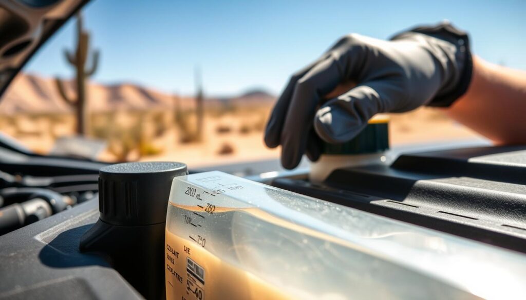 A close-up view of a car's coolant reservoir, showcasing clear, vibrant liquid levels marked on measurement tags. In the foreground, the focus is on the reservoir with detailed measurements visible, while the light reflects off the plastic surface, highlighting the clarity of the coolant. In the middle ground, a mechanic's hands in professional gloves gently check the coolant level, presenting a sense of proactive maintenance. The background features a sun-soaked desert landscape typical of Arizona, with a clear blue sky and heat haze, accentuating the importance of coolant in hot temperatures. The lighting is bright and warm, evoking a feeling of urgency and care in maintaining vehicle health. The atmosphere conveys professionalism and diligence in car maintenance, appealing to drivers in hot climates.