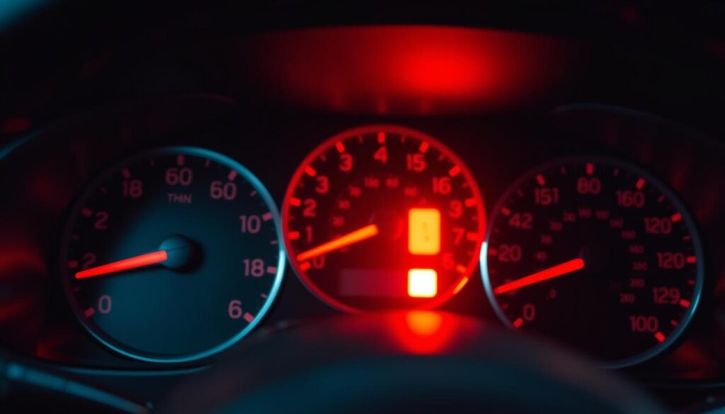A close-up view of a car's dashboard featuring a glowing red brake warning light. The light is prominently displayed in the center of the image, surrounded by traditional dashboard gauges and indicators. The foreground showcases the brake warning symbol clearly illuminated in an alert style, emphasizing its importance. In the middle ground, include a portion of the speedometer and fuel gauge, rendered with realistic details and lighting. In the background, softly blur the interior of the car, hinting at the steering wheel and seats. Use warm, dim lighting to create a serious yet informative atmosphere. The overall composition should convey the urgency and attention required when the brake warning light illuminates. Ensure no text, captions, or logos are present in the image. A close-up view of a car's dashboard featuring a glowing red brake warning light. The light is prominently displayed in the center of the image, surrounded by traditional dashboard gauges and indicators. The foreground showcases the brake warning symbol clearly illuminated in an alert style, emphasizing its importance. In the middle ground, include a portion of the speedometer and fuel gauge, rendered with realistic details and lighting. In the background, softly blur the interior of the car, hinting at the steering wheel and seats. Use warm, dim lighting to create a serious yet informative atmosphere. The overall composition should convey the urgency and attention required when the brake warning light illuminates. Ensure no text, captions, or logos are present in the image.