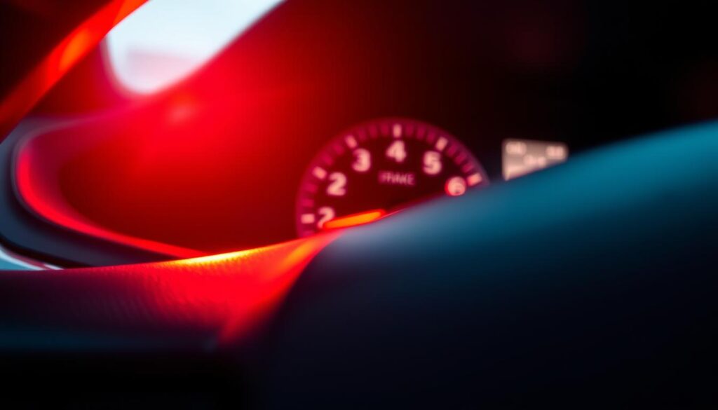 A close-up view of a car's dashboard featuring a prominently illuminated brake warning light. The background should be softly blurred, emphasizing the dashboard controls and instrumentation. The brake warning light glows in bright red, surrounded by other gauge lights that are dimly lit, suggesting evening driving conditions. Subtle reflections on the dashboard surface highlight the textures of the materials used. The scene is captured from a low angle to create an immersive perspective for viewers. Soft, ambient lighting enhances the clarity of the warning light, evoking a sense of caution and urgency. The overall mood is serious and informative, perfect for discussing automotive safety and maintenance. A close-up view of a car's dashboard featuring a prominently illuminated brake warning light. The background should be softly blurred, emphasizing the dashboard controls and instrumentation. The brake warning light glows in bright red, surrounded by other gauge lights that are dimly lit, suggesting evening driving conditions. Subtle reflections on the dashboard surface highlight the textures of the materials used. The scene is captured from a low angle to create an immersive perspective for viewers. Soft, ambient lighting enhances the clarity of the warning light, evoking a sense of caution and urgency. The overall mood is serious and informative, perfect for discussing automotive safety and maintenance.