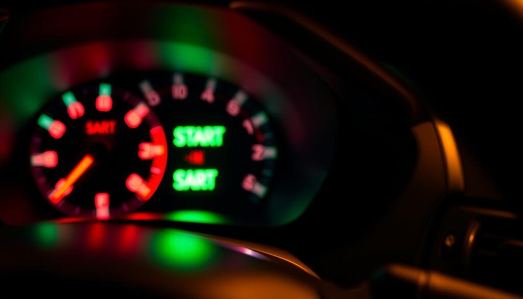 A close-up view of a car's dashboard, focusing on the illuminated start lights. The lights glow brightly in hues of red and green, casting a soft reflection on the dashboard's surface. The background features the steering wheel and subtle details of the interior, like gear shifters and air vents, blurred softly to emphasize the lights. The lighting is warm and slightly dim, creating an atmosphere of concern and confusion, as if the viewer is experiencing a moment of uncertainty about why the vehicle won't start. Shot from a slightly elevated angle to capture the dashboard's details effectively, the image is clear and sharp, conveying the tension of the situation without any text or distractions. A close-up view of a car's dashboard, focusing on the illuminated start lights. The lights glow brightly in hues of red and green, casting a soft reflection on the dashboard's surface. The background features the steering wheel and subtle details of the interior, like gear shifters and air vents, blurred softly to emphasize the lights. The lighting is warm and slightly dim, creating an atmosphere of concern and confusion, as if the viewer is experiencing a moment of uncertainty about why the vehicle won't start. Shot from a slightly elevated angle to capture the dashboard's details effectively, the image is clear and sharp, conveying the tension of the situation without any text or distractions.