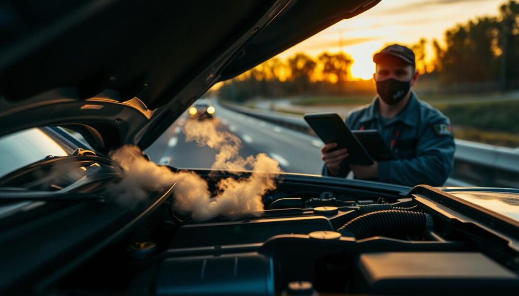 A close-up view of a car's engine compartment, showcasing signs of overheating after a long trip. The foreground features a partially open hood with steam rising from a section of the engine, highlighting metal components and coolant hoses. The middle ground includes a mechanic in professional attire inspecting the engine, focusing on the temperature gauge, with a concerned expression. The background is a blurred highway, suggesting a long journey, with a sun setting behind distant trees, casting warm hues to create a dramatic atmosphere. The lighting is soft with a focus on the engine, emphasizing the urgency and importance of proper vehicle maintenance. The overall mood conveys a blend of concern and professionalism in troubleshooting engine issues.