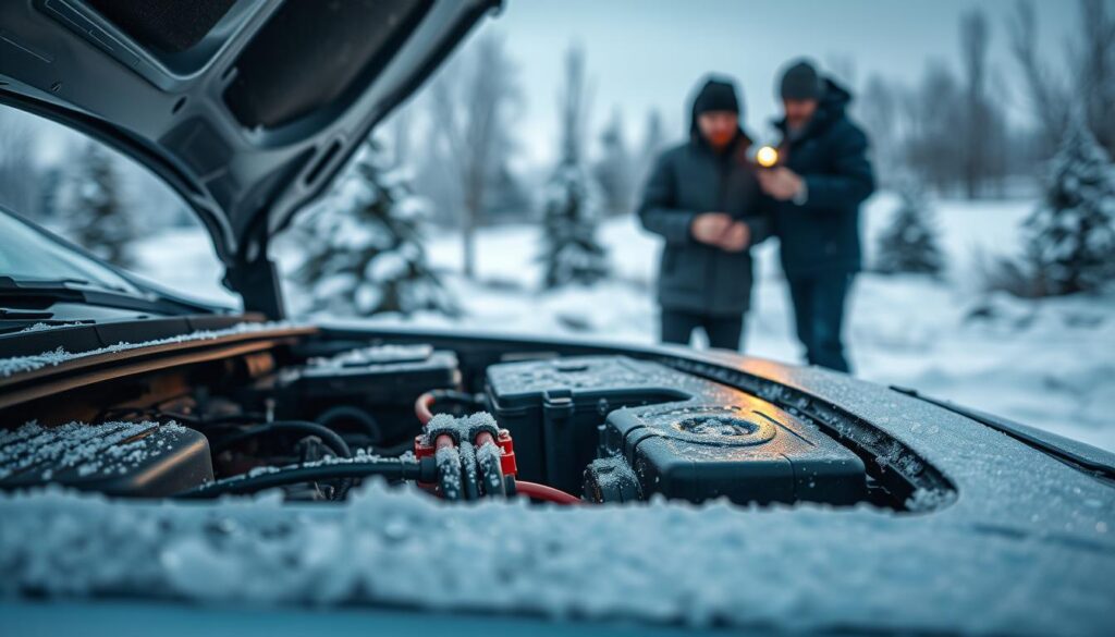 A close-up view of a car's engine hood partially lifted in a snowy, cold weather setting, with visible frost and ice crystals on the surface. In the foreground, focus on the engine components, like the battery and cables, showing signs of cold exposure. The middle ground should depict a wintry landscape with a few trees lightly dusted with snow. In the background, softly blurred car mechanics dressed in professional attire, inspecting the engine with a flashlight, creating a sense of urgency. The atmosphere is chilly, emphasizing the struggles of starting a vehicle in low temperatures, captured in soft natural light with a cool blue tint to represent the cold environment. The angle is slightly overhead to capture both the engine and surrounding winter landscape effectively.