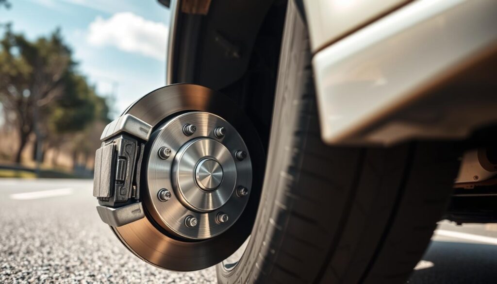 A close-up view of a car's front wheel demonstrating "one side braking," with the vehicle slightly tilted to the left, showcasing the brake pads and disc rotor in detailed focus. The foreground captures the shiny brake components, reflecting light to emphasize their wear and functionality. In the middle ground, the side of the car is visible, showing tire deformation and wear on the left side, symbolizing improper braking balance. The background features a blurred road scene, with trees and a clear sky, conveying a calm yet technical atmosphere. The lighting is bright and natural, casting soft shadows that enhance the details of the braking system. The angle is slightly low to present an engaging perspective.