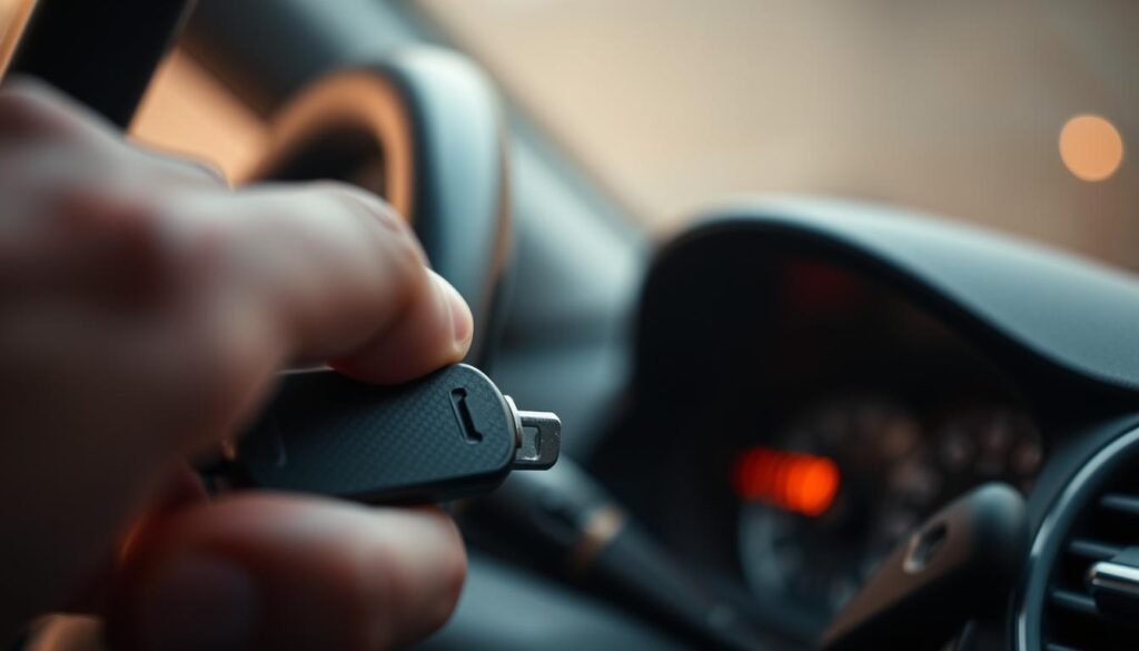 A close-up view of a car's ignition switch and dashboard, focusing on a glowing warning light that indicates a battery issue. In the foreground, a hand is reaching toward the key in the ignition, showcasing the moment just before the ignition is turned. The middle layer features a slightly blurred view of the steering wheel and dashboard controls, emphasizing the concern of the driver. In the background, soft, ambient lighting creates a calm, yet tense atmosphere, hinting at frustration. The scene should be photographed with a shallow depth of field, using a macro lens to capture fine details, such as the texture of the key and the illuminated warning light. The overall mood should be one of uncertainty and anticipation, perfectly encapsulating the essence of a car clicking without starting.