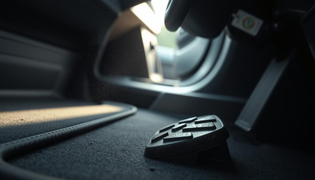 A close-up view of a car's interior, focusing on a brake pedal sinking to the floor. The foreground features the brake pedal, visually detailed with signs of wear and tear. The middle ground includes a portion of the car’s floor mat and an angled floorboard, offering a sense of depth. The background slightly blurs out the interior dashboard and steering wheel, evocative of a tense driving moment. Soft, natural lighting streams in from a nearby window, illuminating dust particles in the air and casting subtle shadows on the pedal, emphasizing its seriousness. The mood is urgent and contemplative, inviting viewers to reflect on vehicle safety and maintenance. A close-up view of a car's interior, focusing on a brake pedal sinking to the floor. The foreground features the brake pedal, visually detailed with signs of wear and tear. The middle ground includes a portion of the car’s floor mat and an angled floorboard, offering a sense of depth. The background slightly blurs out the interior dashboard and steering wheel, evocative of a tense driving moment. Soft, natural lighting streams in from a nearby window, illuminating dust particles in the air and casting subtle shadows on the pedal, emphasizing its seriousness. The mood is urgent and contemplative, inviting viewers to reflect on vehicle safety and maintenance.