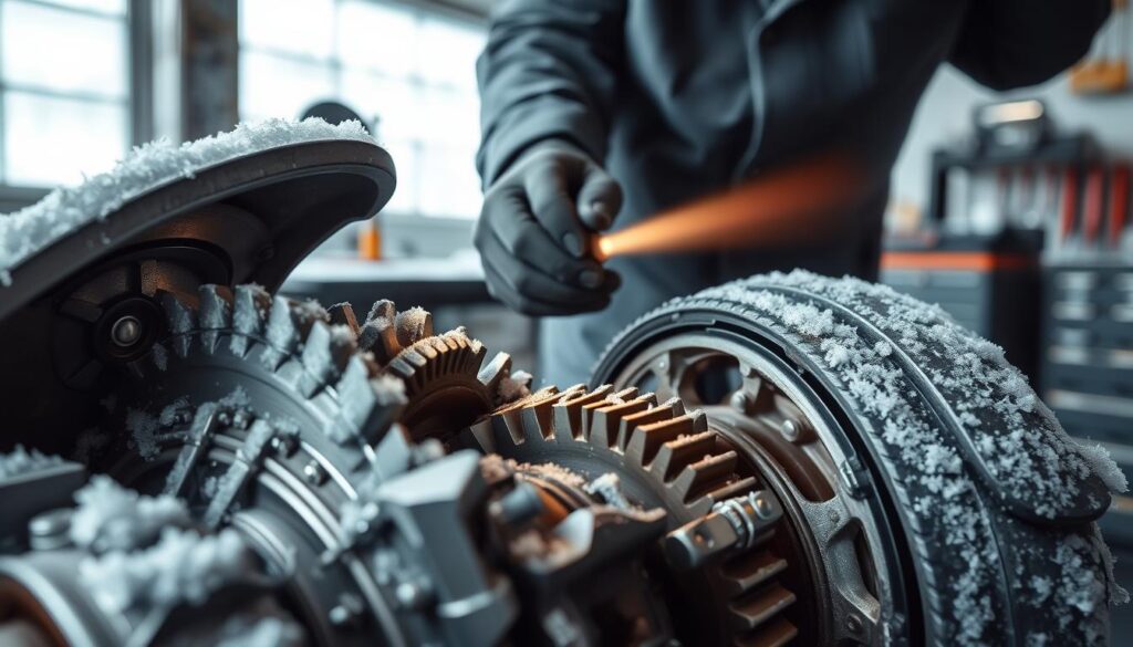 A close-up view of a car's transmission system affected by cold weather, featuring frost and ice crystals forming around metallic gears and components. The foreground should show the intricate details of the transmission with a focus on gear mechanics, highlighting the contrast between warm engine parts and freezing temperatures. In the middle, a mechanic dressed in professional attire is carefully examining the transmission, wearing gloves and using a flashlight that casts a soft, warm light onto the cold metal surfaces. The background should depict a chilly garage setting with frosty windows and tools, emphasizing a cold and clinical atmosphere. The overall mood is one of concern and professionalism, illustrating the challenges of transmission performance in cold weather.
