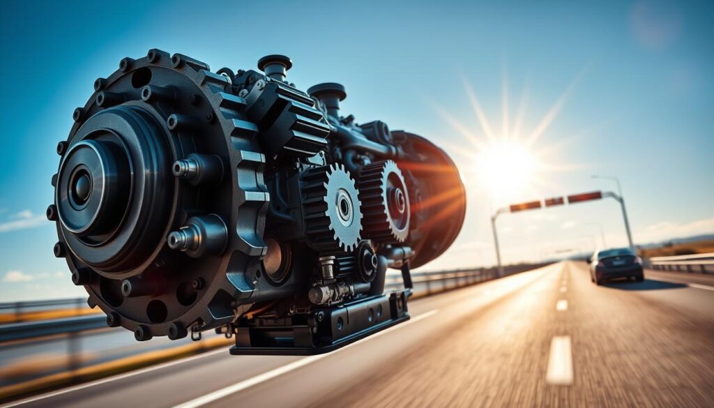 A close-up view of a car's transmission system displayed prominently in the foreground, showcasing the intricate gears and adaptive components, emphasizing their importance in vehicle performance. In the middle ground, a modern highway stretches into the distance, illustrating a vehicle in motion to contextualize the transmission's role. The background features a clear blue sky with radiant sunlight casting dramatic shadows, enhancing the metallic sheen of the transmission. The overall atmosphere conveys urgency and awareness, with a slight heat haze representing overheating. Use soft, natural lighting to accentuate the intricate details of the transmission while incorporating selective focus to draw the viewer’s eye. Ideal for a magazine article, this image communicates the critical function of the transmission in a captivating and informative manner. A close-up view of a car's transmission system displayed prominently in the foreground, showcasing the intricate gears and adaptive components, emphasizing their importance in vehicle performance. In the middle ground, a modern highway stretches into the distance, illustrating a vehicle in motion to contextualize the transmission's role. The background features a clear blue sky with radiant sunlight casting dramatic shadows, enhancing the metallic sheen of the transmission. The overall atmosphere conveys urgency and awareness, with a slight heat haze representing overheating. Use soft, natural lighting to accentuate the intricate details of the transmission while incorporating selective focus to draw the viewer’s eye. Ideal for a magazine article, this image communicates the critical function of the transmission in a captivating and informative manner.