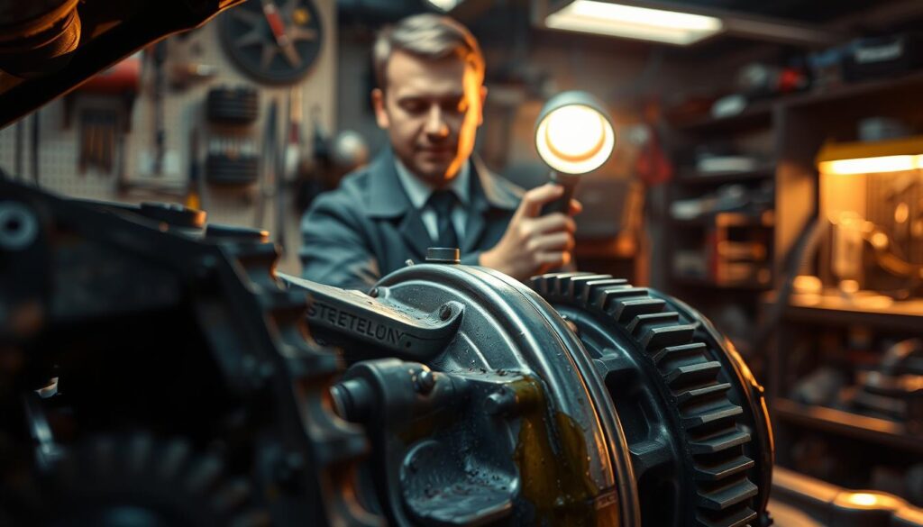 A close-up view of a car's transmission system, showcasing signs of failure. In the foreground, highlight worn gears and fluid leaks around the transmission casing, with a faint smoky haze to indicate overheating. In the middle ground, a mechanic in professional business attire inspects the transmission with a flashlight, their expression focused and concerned. The background features a dimly lit mechanic's workshop filled with tools and automotive parts, creating an atmosphere of urgency. Use soft, dramatic lighting to emphasize the textures of the metal and fluids, with a shallow depth of field to keep the focus on the transmission components while blurring the workshop details slightly. The overall mood conveys a serious tone of potential mechanical failure, prompting immediate attention. A close-up view of a car's transmission system, showcasing signs of failure. In the foreground, highlight worn gears and fluid leaks around the transmission casing, with a faint smoky haze to indicate overheating. In the middle ground, a mechanic in professional business attire inspects the transmission with a flashlight, their expression focused and concerned. The background features a dimly lit mechanic's workshop filled with tools and automotive parts, creating an atmosphere of urgency. Use soft, dramatic lighting to emphasize the textures of the metal and fluids, with a shallow depth of field to keep the focus on the transmission components while blurring the workshop details slightly. The overall mood conveys a serious tone of potential mechanical failure, prompting immediate attention.