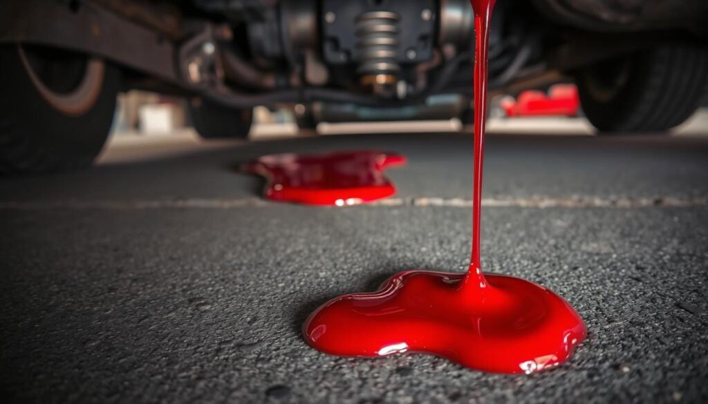 A close-up view of a car's undercarriage, with a focus on a prominent pool of bright red transmission fluid leaking onto the concrete surface. The scene captures the texture of the dripping fluid, emphasizing its glossy sheen and vibrant color against the dull, grey concrete. In the background, the silhouette of the car can be seen, highlighting its underbody components, such as the transmission pan and oil filter, subtly illuminated by soft, diffused lighting that accentuates the fluid's vivid hue. The angle is low, creating an immersive perspective that draws the viewer's attention directly to the leak. The overall mood is one of urgency and concern, as it illustrates a common automotive issue.