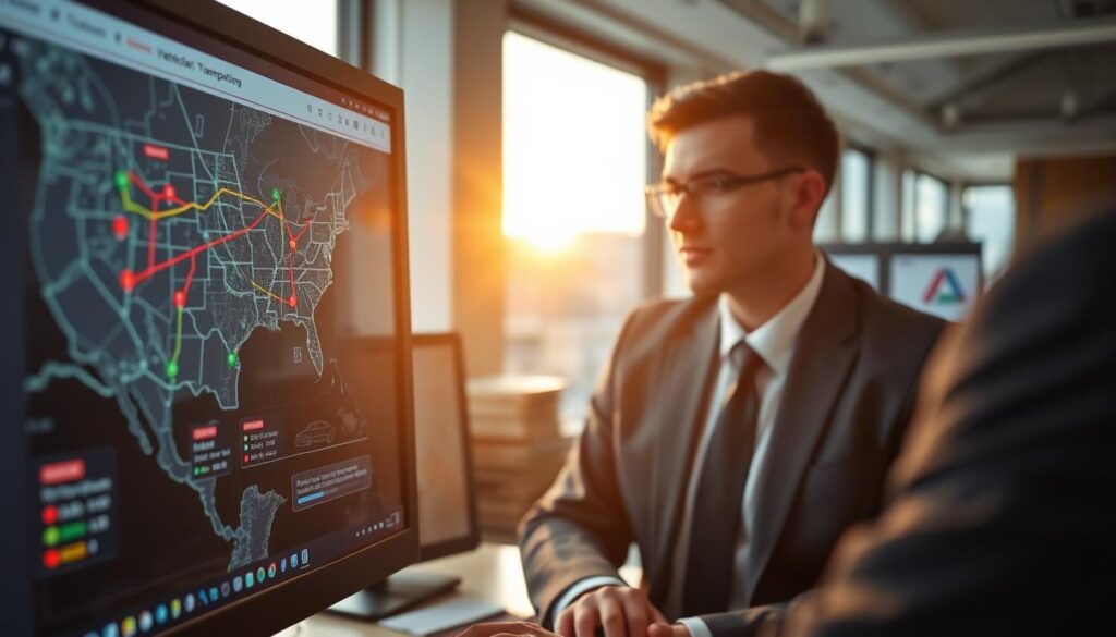 A close-up view of a computer screen displaying a detailed vehicle tracking interface. In the foreground, the screen shows a live map with moving icons representing cars being transported, highlighted by bright, contrasting colors. In the middle, a professional individual in smart business attire is focused on the screen, with slight reflections of the data illuminating their face, emphasizing dedication and expertise. The background features a modern office setting with shipping documents and a large window showing a sunny day in Holt, Michigan, filtering warm light into the scene. The mood is one of professionalism and efficiency, illustrating the precision and trust involved in the auto transport process. Capture this with a soft focus lens, creating a clear, vibrant image with an inviting atmosphere.