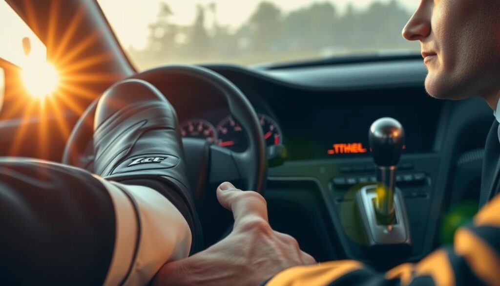 A close-up view of a driver's foot actuating the brake pedal in a modern car, illustrating the technique of engine braking. The foreground features a focused shot of the foot pressing the brake pedal while also engaging the clutch, with a blurred yet distinct representation of the gear stick in the middle ground. The background shows a dashboard with speedometer and warning lights illuminated, creating a sense of urgency. The lighting is dramatic, emulating a late afternoon sun filtering through the windshield, casting soft shadows that enhance the car's interior details. The atmosphere is tense but focused, reflecting the immediate need for emergency maneuvers. The driver is dressed in professional business attire, showcasing a serious and concentrated expression. A close-up view of a driver's foot actuating the brake pedal in a modern car, illustrating the technique of engine braking. The foreground features a focused shot of the foot pressing the brake pedal while also engaging the clutch, with a blurred yet distinct representation of the gear stick in the middle ground. The background shows a dashboard with speedometer and warning lights illuminated, creating a sense of urgency. The lighting is dramatic, emulating a late afternoon sun filtering through the windshield, casting soft shadows that enhance the car's interior details. The atmosphere is tense but focused, reflecting the immediate need for emergency maneuvers. The driver is dressed in professional business attire, showcasing a serious and concentrated expression.