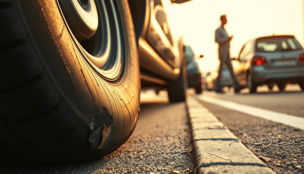 A close-up view of a flat tire on a vehicle, positioned on the side of a busy roadside. In the foreground, emphasize the deflated tire with a clear view of the damaged section, showcasing cracks and wear. In the middle ground, include the shadowy outlines of a vehicle with a mechanical or road assistance professional inspecting the tire, dressed in professional attire. In the background, depict blurred traffic to convey a sense of urgency and risk associated with driving on a flat tire. Use warm, natural lighting to evoke a sense of caution and seriousness. The composition should create a tense atmosphere, highlighting the potential hazards and risks drivers face with flat tires.