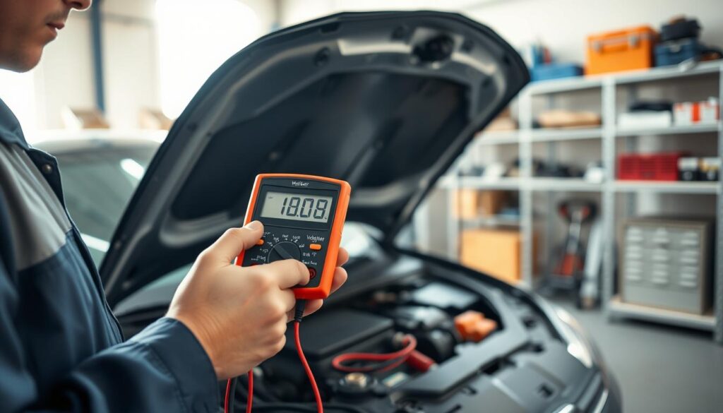 A close-up view of a mechanic in a professional outfit, carefully checking the battery voltage of a car in a well-lit garage. In the foreground, the mechanic holds a multimeter, with the screen displaying the voltage reading prominently. The middle ground features the car's open hood, revealing the battery and surrounding components. In the background, shelves filled with tools and equipment hint at an organized workspace. Soft, natural lighting streams through a nearby window, creating a warm, inviting atmosphere. The focus is sharp on the mechanic and multimeter, with a slight depth of field blurring the background to emphasize the moment of assessing the vehicle's condition.