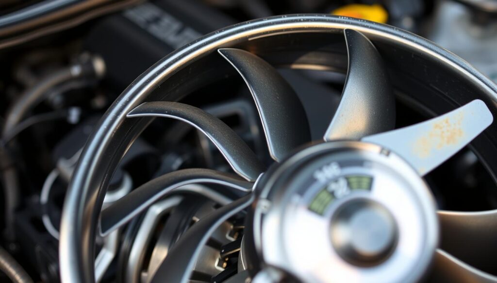 A close-up view of a modern automotive radiator cooling fan in action, set against a blurred engine compartment as the background. The foreground features the intricate details of the fan blades, gleaming metal components, and the fan motor, showcasing its texture and design. Soft, natural lighting illuminates the scene, creating subtle reflections on the metallic surfaces. The angle captures the fan from a slightly lower perspective, emphasizing the dynamic sense of motion as air flows through the blades. The overall mood is technical and informative, highlighting the functionality of the fan as a crucial component in preventing overheating, embodying a sense of urgency and importance without any distractions.