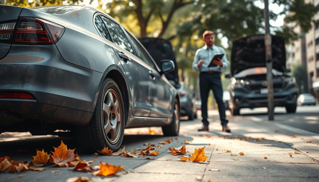 A close-up view of a non-running sedan parked on a sidewalk. The car, with a slightly rusted exterior and flat tires, should be shown in a natural urban environment. In the foreground, a few fallen autumn leaves are scattered around the car, emphasizing the sense of neglect. The midground features a mechanic in professional attire assessing the vehicle, with a concerned expression. He holds a clipboard and is examining the engine compartment, which is partially open. Soft, diffused sunlight filters through overhead trees, casting gentle shadows that add depth. The background includes a blurred city street and distant buildings, creating a sense of location without distraction. The overall mood is contemplative and indicative of vehicle transport challenges.