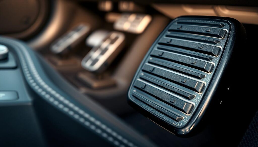 A close-up view of a realistic brake pedal installed in a modern vehicle, focusing on the texture of the rubber surface, showcasing its wear and usage signs. The pedal should be positioned in the foreground, with detailed reflections highlighting its sleek design. In the middle ground, part of the car's interior is visible, including the surrounding carpet and other pedals, emphasizing the context of a vehicle environment. The background features the faint outline of a dashboard, softly blurred to create depth and keep the focus on the brake pedal. Soft, diffused lighting enhances the scene, capturing the intricate details while evoking a sense of professionalism and technical precision. The angle should be slightly overhead, promoting a clear view of the pedal’s mechanics. A close-up view of a realistic brake pedal installed in a modern vehicle, focusing on the texture of the rubber surface, showcasing its wear and usage signs. The pedal should be positioned in the foreground, with detailed reflections highlighting its sleek design. In the middle ground, part of the car's interior is visible, including the surrounding carpet and other pedals, emphasizing the context of a vehicle environment. The background features the faint outline of a dashboard, softly blurred to create depth and keep the focus on the brake pedal. Soft, diffused lighting enhances the scene, capturing the intricate details while evoking a sense of professionalism and technical precision. The angle should be slightly overhead, promoting a clear view of the pedal’s mechanics.