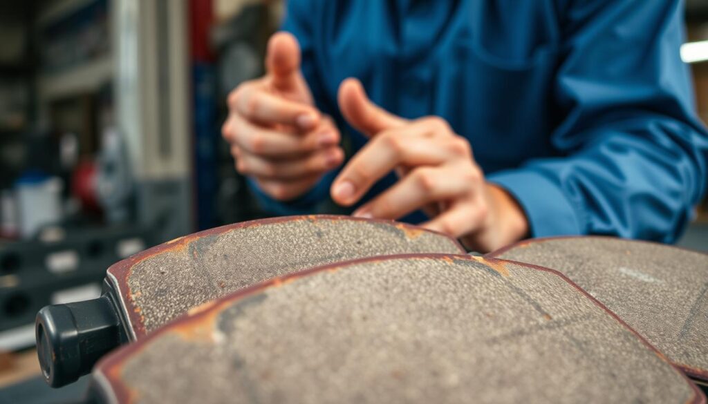 A close-up view of a set of brake pads, highlighting their textured surface and grooves, set against a blurred workshop background. The foreground features the brake pads prominently, illustrated with a detailed focus on their material composition, showcasing wear and tear that indicates use. Soft, diffused lighting casts gentle shadows, enhancing the contours of the pads, while a professional mechanic’s hands can be seen in the middle ground, inspecting the brake pads with a focused expression, dressed in a blue work shirt. The angle is slightly tilted, showcasing the depth and complexity of the brake system. The atmosphere is technical and informative, suggesting a scene of diagnosis and repair.